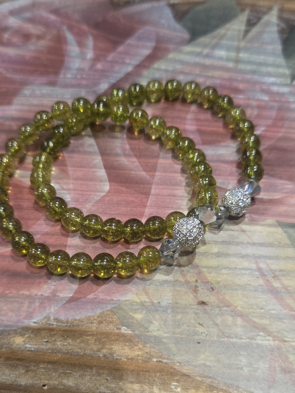 Olive Green Beaded Stretch Bracelet Set with Sparkle Accent